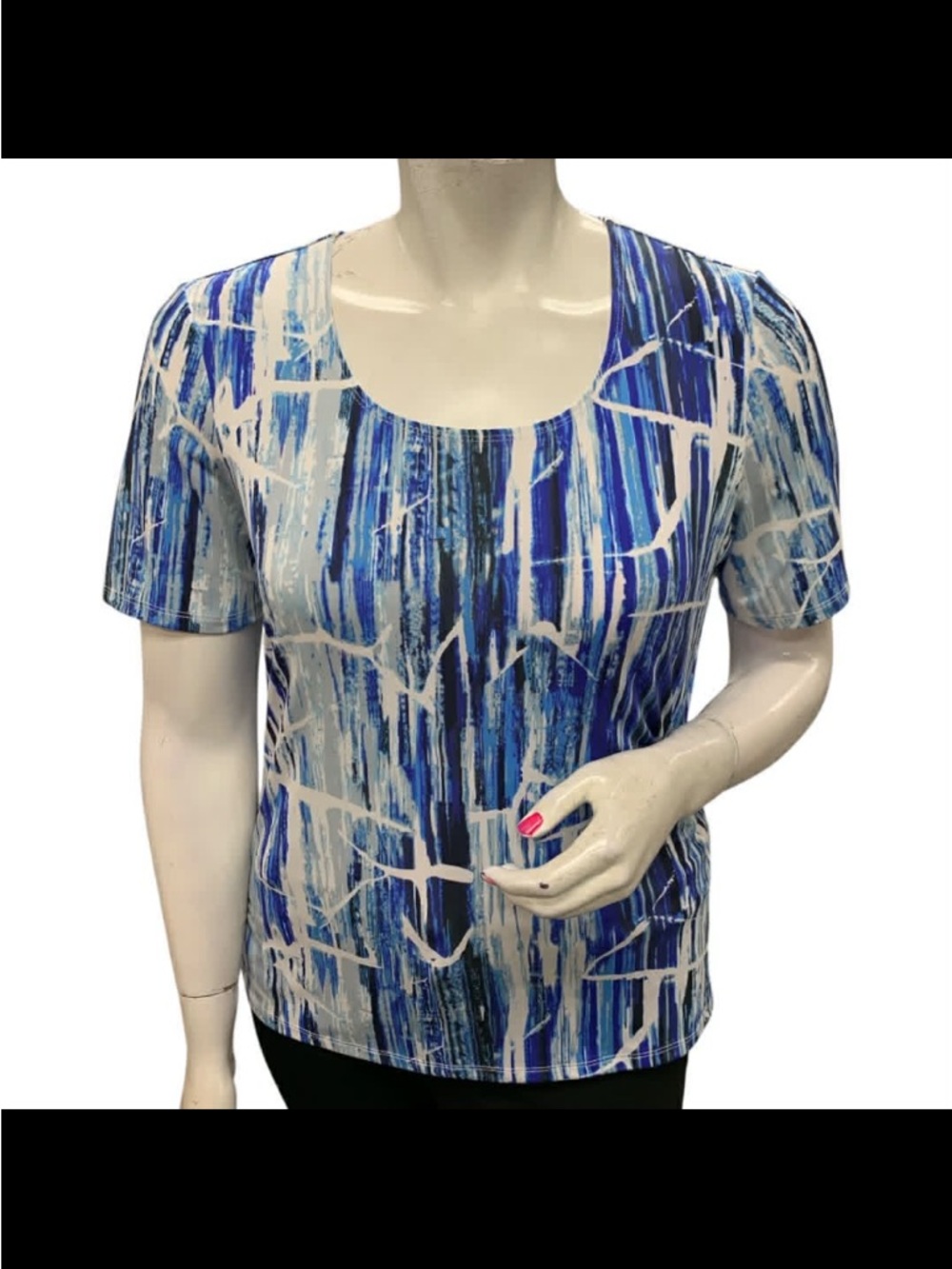 Libra Women's Blue Abstract Scoop Neck Short Sleeve Top Size XL
